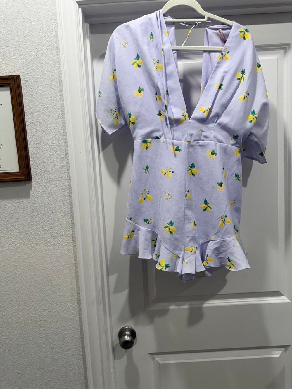 Skylar Rose Purple Lemon Print Plunging V-Neck Cutout Ruffle Romper Medium M